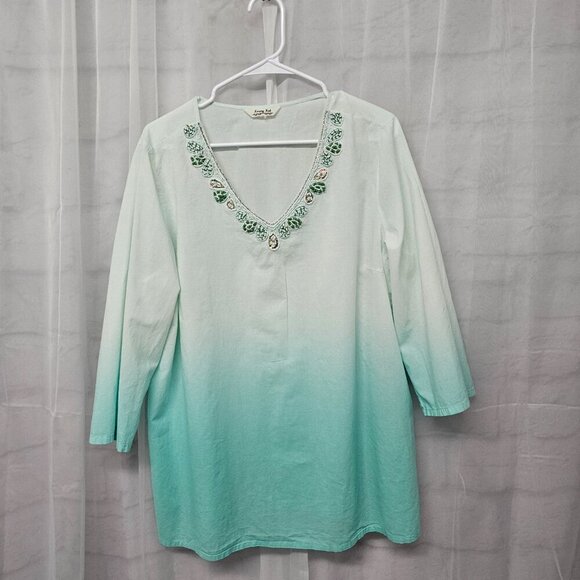 Krazy Kat Green Ombre Beaded Blouse Peasant Hippie Beach Festival L - Picture 8 of 12